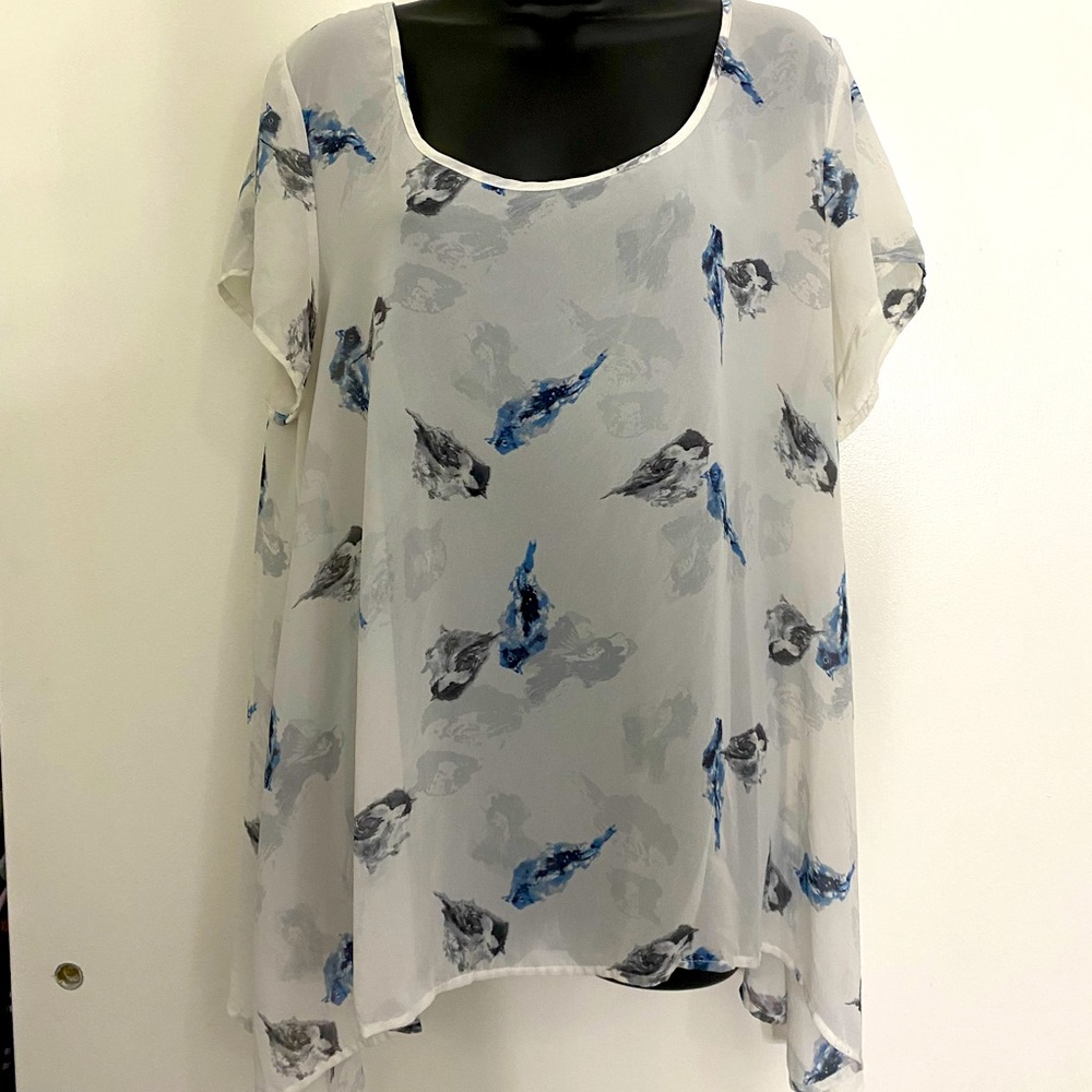 Torrid White Chiffon Watercolor Bird Blouse
